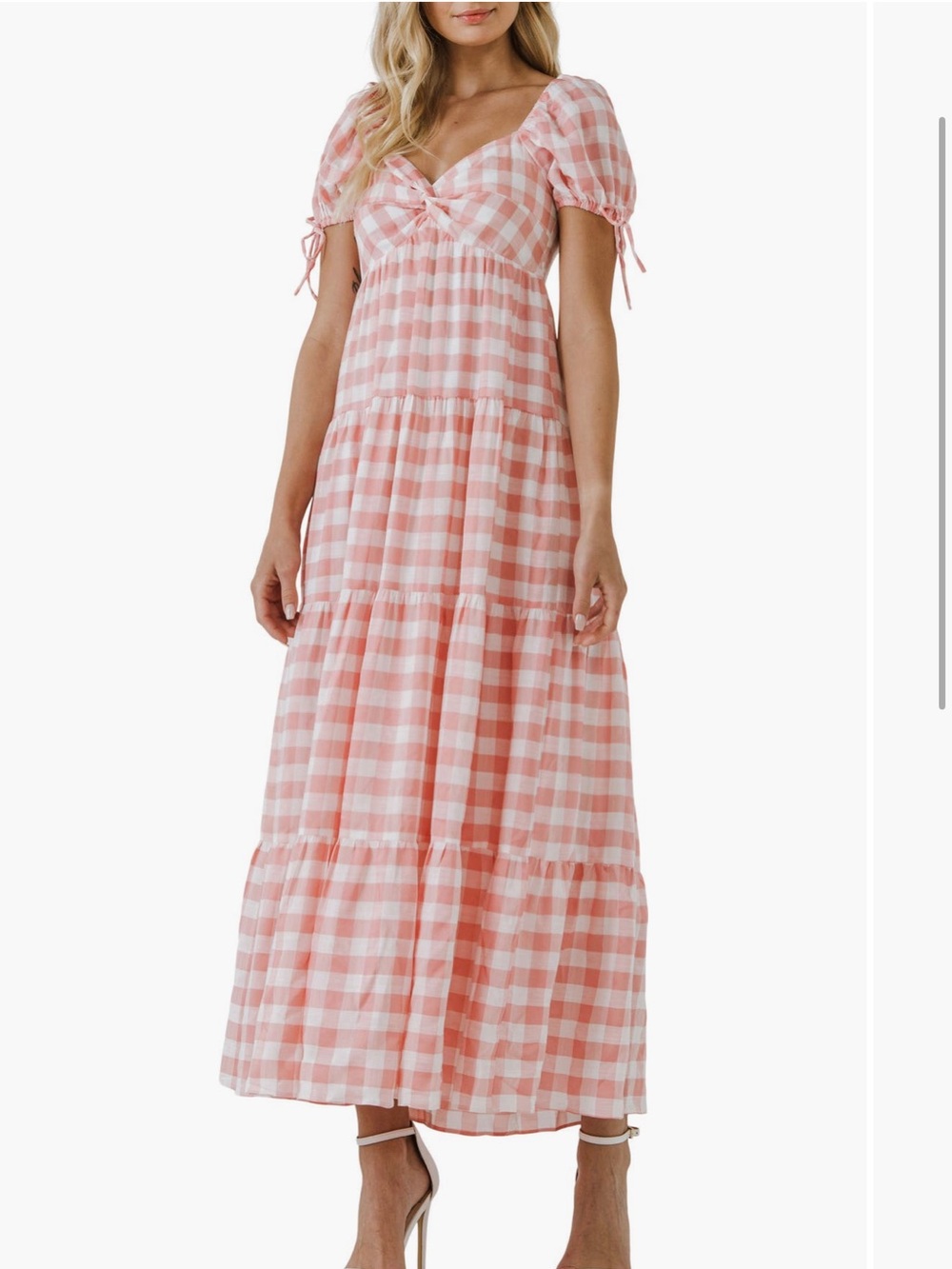 Pink Gingham Tiered Maxi Dress with Puff Sleeves